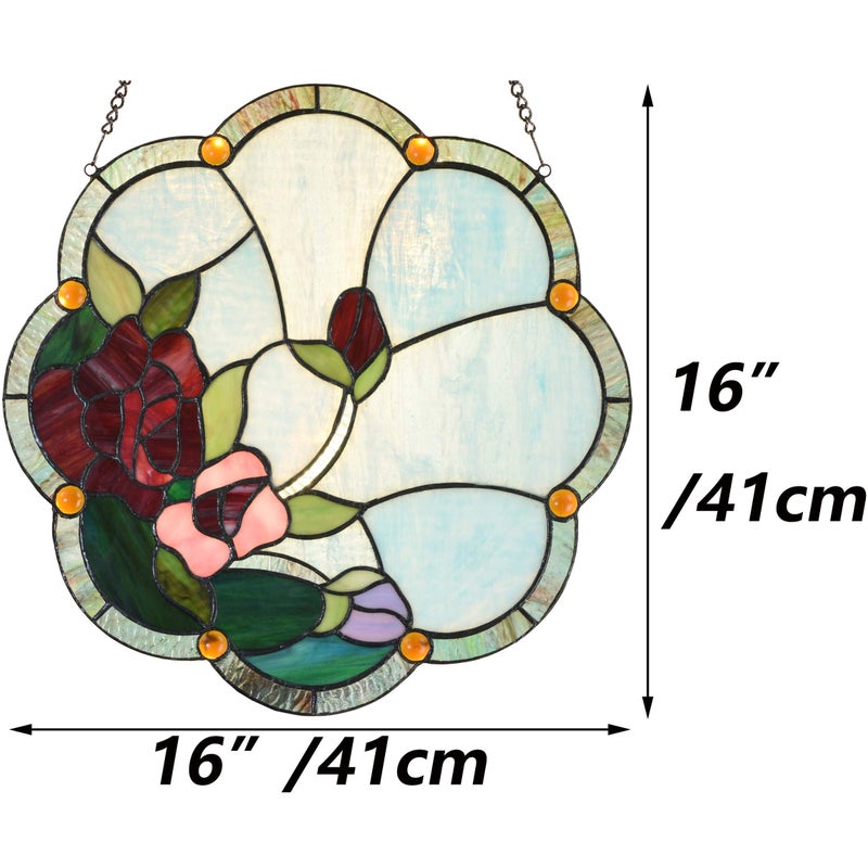 Bieye W10058 Rose Flower Tiffany Style Stained Glass Window Panel with Chain, 16-inch Wide - Image 4